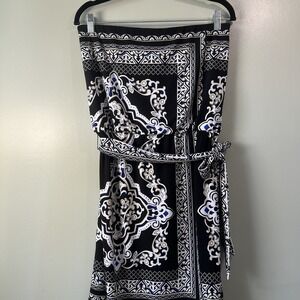 White House Black Market Strapless Mini Dress black+white w tan+blue accents Med